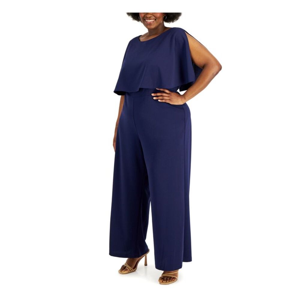 CONNECTED APPAREL Womens Navy Popover Split Sleeve Wide Leg Jumpsuit Plus 24W